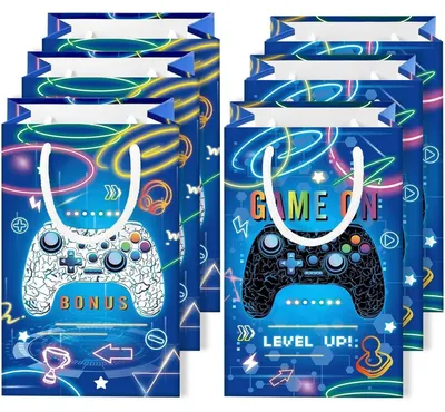 Immagine prodotto di Sacchetti per feste, 16 pezzi con manici, per feste di compleanno a tema videogiochi, colore blu
