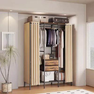 Image de Porte-vêtements - Armoire ouverte - Design industriel - 214 cm de haut - Fer - Avec 2 tiroirs et des étagères - XXL - Noir