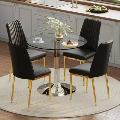 Produktbild von Tisch-Stuhl-Set, 85 cm runder Glastisch + 4 schwarze PolyurethanStühle, goldene Beine, minimalistisch