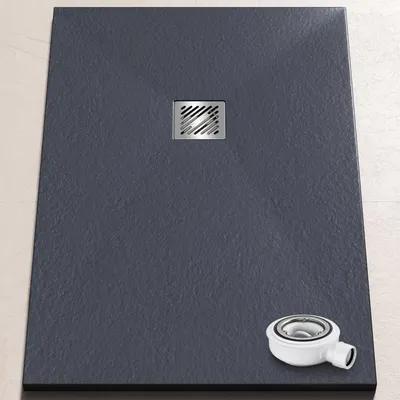 Produktbild von doporro Duschtasse 80x120x3cm aus Mineralguss in Anthrazit Rechteckig DIN-Anschlüsse für bodenebene Montage geeignet inkl. Ablaufgarnitur06 Geoma09