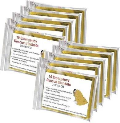 Produktbild von Bramble 10 Stück Rettungsdecke Rettungsfolie Gold/Silber 210x160cm - Auto, Erste Hilfe, Camping, Survival Kit - Alu Thermo Wärmedecke Verbandskasten (10er-Pack)