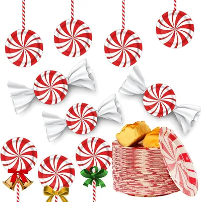 Produktbild von 80 Stück weihnachtliche Pfefferminz-Pappteller in Rot und Weiß für Weihnachts-, jahrs- und Feiertagspartys