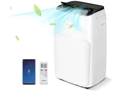 A mobile air conditioner unit with a remote control and a smartphone displaying its app interface.