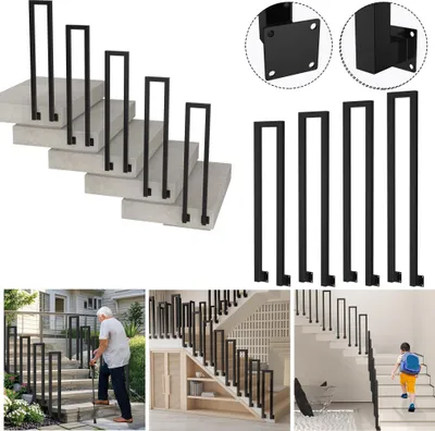 Zdjęcie produktu dla XINZI Balustrada schodowa w kształcie litery U, czarna, 100 cm – montaż boczny, metalowa, solidna, z poręczą, elegancki design, do willi/mieszkań/korytarzy