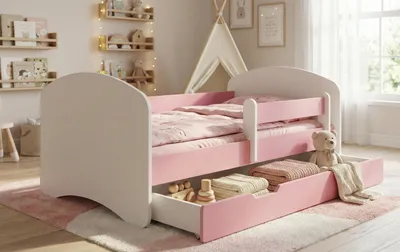 Produktbild von Kinderbett 160x80 ROSA mit Matratze & Schublade – Komplettbett mit Lattenrost, Rausfallschutz – Stabil bis 95 kg