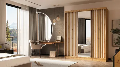 Produktbild von ALTDECOR Kleiderschrank mit Spiegel und Schiebetüren, kugelgelagerte Führungsschienen und Aluminium-Leisten - LAMELO - 180 cm - Artisan/Artisan/Weiß