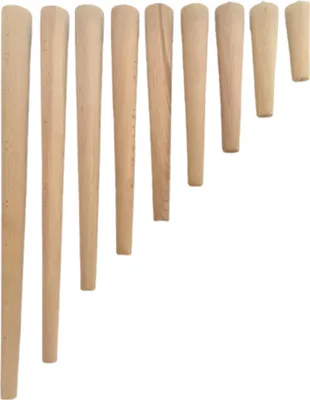 A diagonal row of wooden furniture legs of varying heights and widths against a white background.