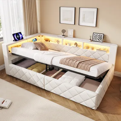 Image de Canapé-lit Flieks 90x200 cm avec port USB et revêtement en cuir, lit rembourré simple avec espace de rangement, canapé-lit de jour avec système hydraulique et espaces de rangement ouverts, en lin, couleur beige
