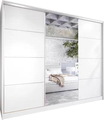 A white sliding door wardrobe with mirrored doors reflecting a bedroom interior.