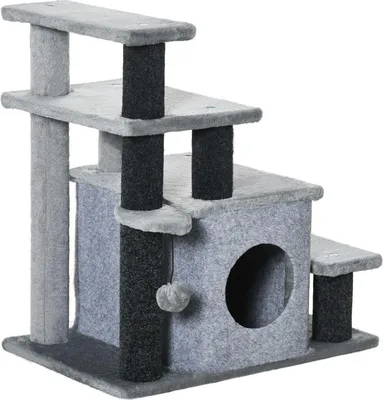 Produktbild von Haustiertreppe 3/4-Stufige Katzentreppe Mit Schlafhöhle & Hängendem Spielball, Spanplatte, Plüsch
