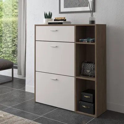 Produktbild von Samassi - Schuhschrank, 90x26x102h cm Walnussbraun, eine Schublade