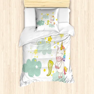 Produktbild von ABAKUHAUS Einhorn Mantele, Einhorn-Feen-Druck, Milbensicher Allergiker geeignet mit Kissenbezügen, 135 cm x 200 cm - 80 x 80 cm, Grün Gelb