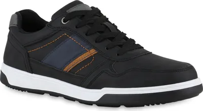 A black sneaker with blue and brown accents on a white background.