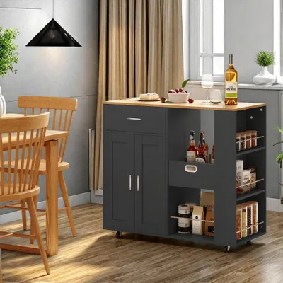Produktbild von UnboxG Mobile Kücheninsel mit Eichenholz-Arbeitsplatte – Schwarzer Küchenwagen mit Schublade, Regalen & großem Schrank, 4 Rollen, 102×46×92 cm
