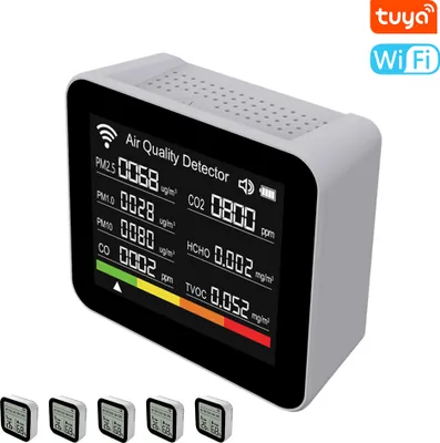 Zdjęcie produktu dla inteligentny monitor jakości powietrza 20 w 1 Tuya WIFI Wewnętrzny detektor CO2 CO/CO2/TVOC/HCHO/PM2.5/PM1.0/PM10/Temperatura/Wilgotność/Czas/Data/Alarm Zdalne sterowanie aplikacją Funkcja alarmu dla domu i biura