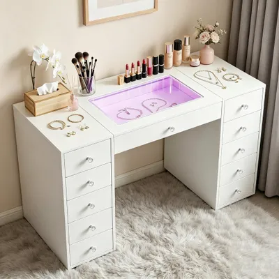 Produktbild von VANITII Schminktisch mit Glasplatte und RGB-Beleuchtung, Schlafzimmer-Schminktisch, 130 × 55 × 81 cm, Weiß