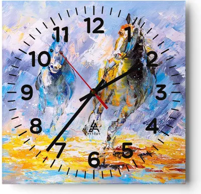 Produktbild von Wanduhr - Quadrat - Glasuhr - Pferd Natur Tier - 30x30cm - Schleichendes Uhrwerk - Lautlos - zum Aufhängen bereit - Dekoration Modern - Wanddekoration aus Glas - C4AC30x30-3434