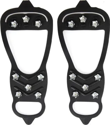 A pair of black ice cleats with silver spikes, shown from a top-down perspective against a white background.