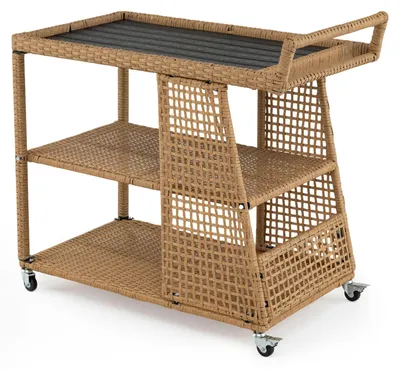 Produktbild von COSTWAY Servierwagen, Polyrattan Küchenwagen mit Rollen, Arbeitsplatte, offenen Ablagen & seitlichem Griff, Outdoor Rollwagen 98x54x92cm Natur