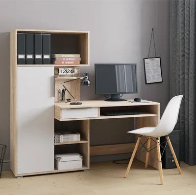 Obrázok produktu pre Písací stôl KLEPP – priestranný – zásuvka – dub Sonoma – biely – šírka 150 cm, výška 149 cm, hĺbka 92 cm
