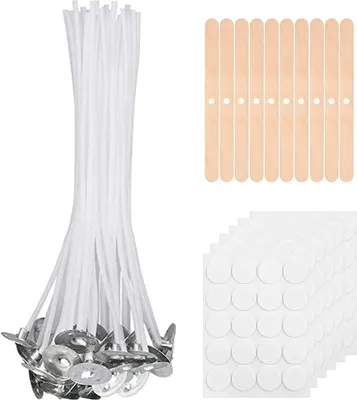 Produktbild von Kerzendocht, 100 Stück Kerzendochte für Kerzen(15 cm), Rauchfrei Baumwolle Candle Wick, Kerzen Selber Machen Set, Dochte für Kerzen mit 10 Dochthalter und 60 Doppelseitige Dots Docht Aufkleber