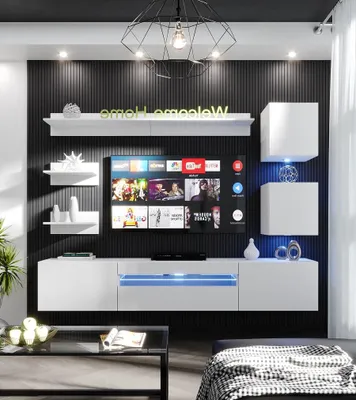 Produktbild von Furnitech Wohnwand Wohnzimmer, Möbel, Hängend Wohnwand Modern, Schrankwand mit Regale, TV Schrank, 239 cm, Weiß Matt M27-24M-W2 1B ohne LED