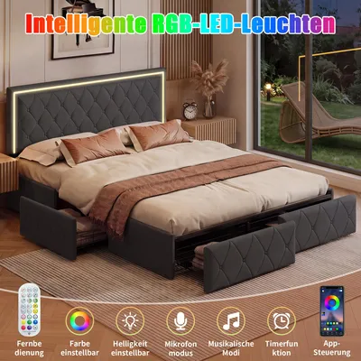 Obrázek produktu pro Šedá postel 160x200 cm s LED podsvícením čela, 4 zásuvkami a úložným prostorem