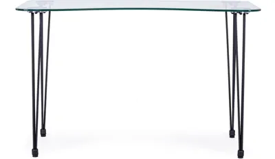 A glass-top desk with black hairpin legs is shown against a white background.