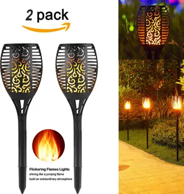 Produktbild von 2 Stück Flammenlicht Gartenfackeln IP65 Wasserdicht Solar Flamme Fackeln Lichter Solarleuchten mit Realistischen Flammen Automatische EIN/Aus Gartendekoleuchten für außen