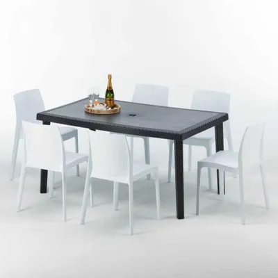 Produktbild von Poly Rattan Tisch Rechteckig mit 6 Bunten Polyrattan Stühlen 150x90 Schwarz