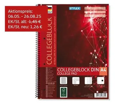 Produktbild von Stylex Collegeblock Spirale DIN A4 – kariert