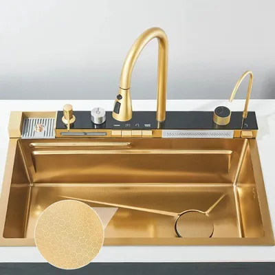 Produktbild von Küchenspüle - Einzelbecken - 75×45 cm - 304 Edelstahl - Wasserfall-Armatur mit Digitalanzeige - Aufsatzmontage - Gebürstete Oberfläche - Gebürstetes Gold