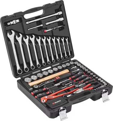A tool kit laid out in an open case.