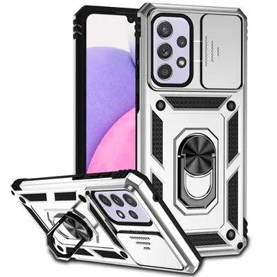 Immagine prodotto di Custodia per Samsung Galaxy A33 5G a doppio strato con copertura scorrevole della fotocamera e supporto ad anello Argento