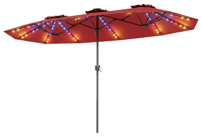 Obrázok produktu pre COSTWAY, dvojitý slnečník, 440x260 cm, terasový slnečník s ručnou kľukou, LED solárne osvetlenie, 12 režimov osvetlenia a 2 možnosti nabíjania, záhradný slnečník, trhový slnečník, červený
