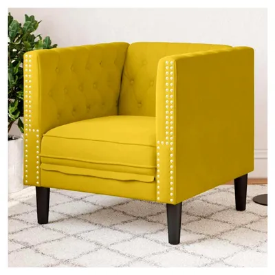 Produktbild von Chesterfield-Sessel Gelb Samt, Klassisches Design, Bequeme Polsterung, Massivholzbeine, Wohnzimmermöbel, 71x74,5x70,5cm
