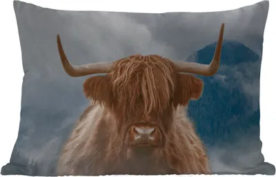 Produktbild von MuchoWow® Outdoor Kissen - Schottisches Hochlandrind - Berg - Nebel - 60x40 cm - Wetterfest - Lounge Kissen - Zierkissen - Kissen für Innenräume