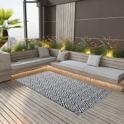Produktbild von Outdoor-Teppich Weiß und Schwarz 160x230 cm PP , Outdoorteppiche Design 2024