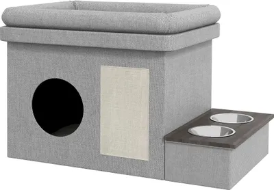 Produktbild von Katzenhaus, Futterplatz mit 2 Edelstahlnäpfen, Kratzmatte, weiches Liegekissen, 78 x 48 x 49,5 cm, grau