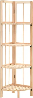A wooden corner shelf unit.