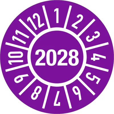 Produktbild von Dreifke® Prüfplakette Jahr 2028 mit Monaten, Folie, Ø 15 mm, 10 Stück/Bogen