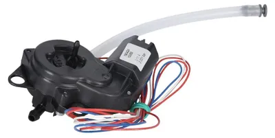 A close-up shot of a black electrical pump with a clear tube attached, sitting on a white background. Several colored wires are connected to the pump.