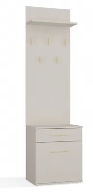 A light beige hall tree with a shelf, coat hooks, and two drawers/cabinets.
