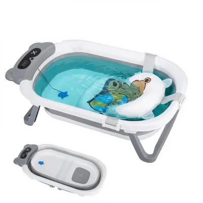 Produktbild von OYAJIA Babybadewanne Faltbare Badewanne PP&TPE Babywanne Badewannensitz mit weichem Schwimmkissen und Thermometer, Rutschfeste Badewanne