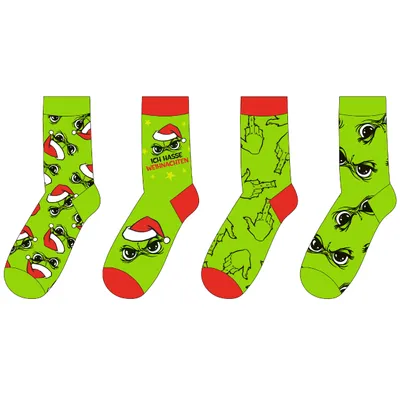 Produktbild von 4 Paar Festtags-Muffel Socken Einheitsgröße Herren 42 - 46 passend - Lustige Weihnachtssocken - Freche Anti-Weihnachtssocken - Weihnachtshasser-Socken