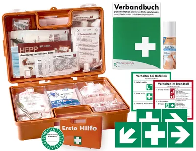 Produktbild von Verbandskoffer (K) Typ S - INKL. 90° ARRETIERUNG -Paket 1- Erste Hilfe -akt. DIN 13157 für Betriebe -DSGVO- INKL. Sprühpflaster + Folienaufkleber