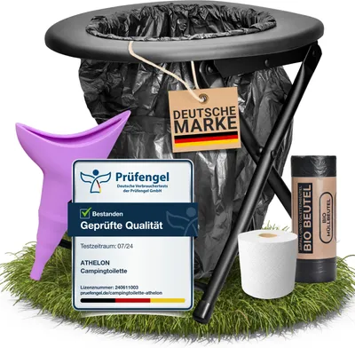 Produktbild von ATHELON® Campingtoilette faltbar für Outdoor, Camping & unterwegs - Mobile Toilette inkl. 22x Beutel & Toilettenpapier - Campingtoilette ohne Chemie - Camping WC