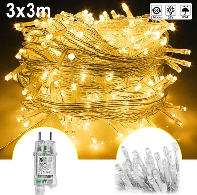 Obrázok produktu pre XINZI LED svetelný záves 3x3m 300 LED - teplá biela, rozprávkové svetlá so zástrčkou, 8 svetelných režimov, IP44, svetelný záves na Vianoce, svadbu, párty