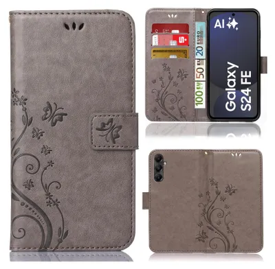 Collage of a phone case for a Samsung Galaxy S24 FE, showing different views and features.