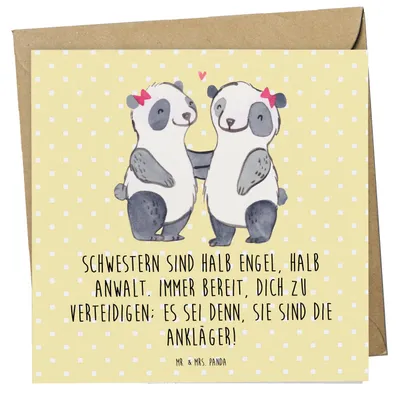 Produktbild von Mr. & Mrs. Panda Klappkarte Schwesternwunder - Gelb Pastell - Geschenk, doppelkarte, familienbeziehung, liebe unter geschwistern, Glückwunschkarte, Grußkarte, faltkarte